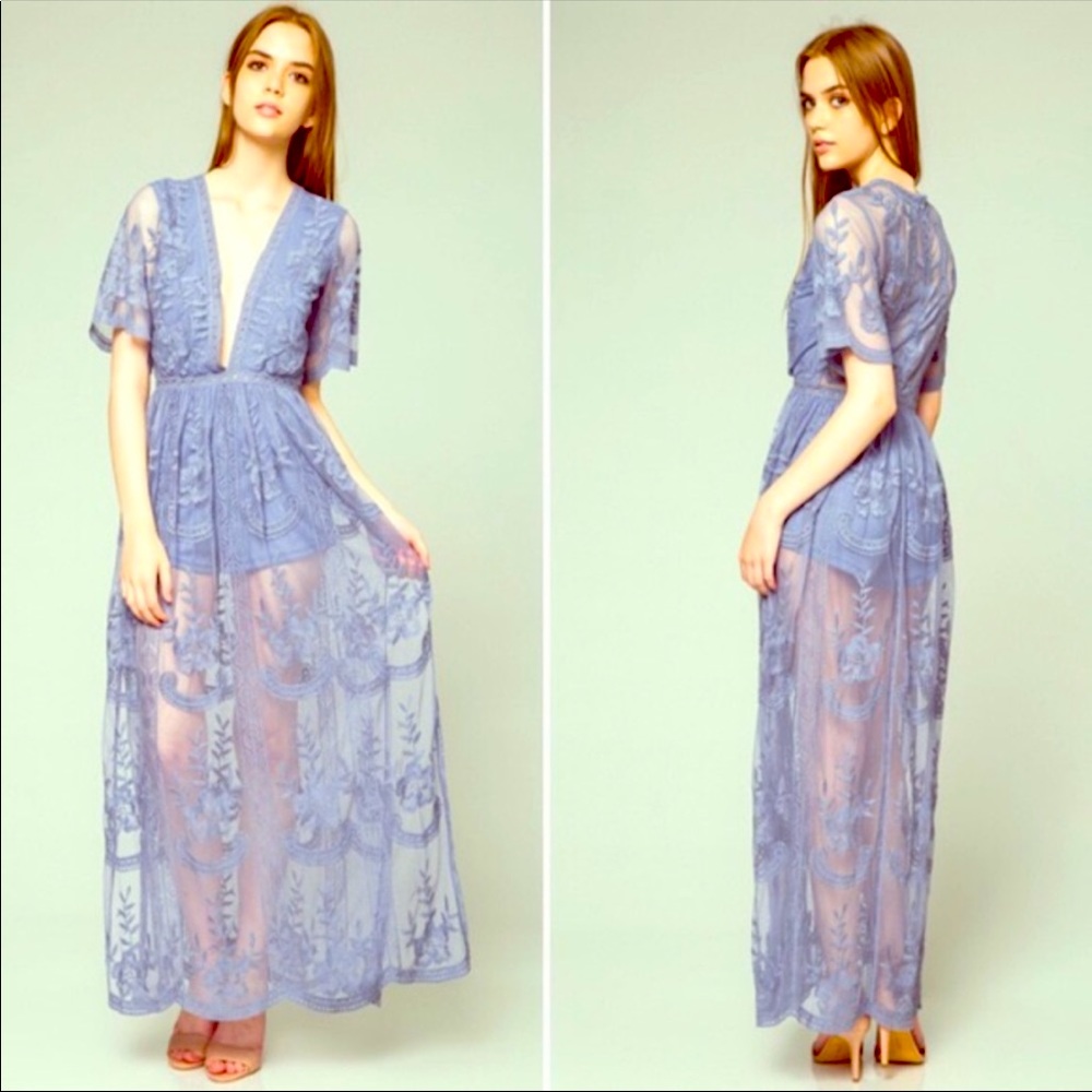 The Clothing Company Dusty Blue Lace Maxi Dress Size S
